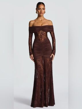 Babyboo Off-Shoulder Chocolate Lace Maxi Dress